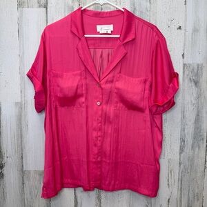 Anthropologie Bright Pink Button-Up Pocket Blouse